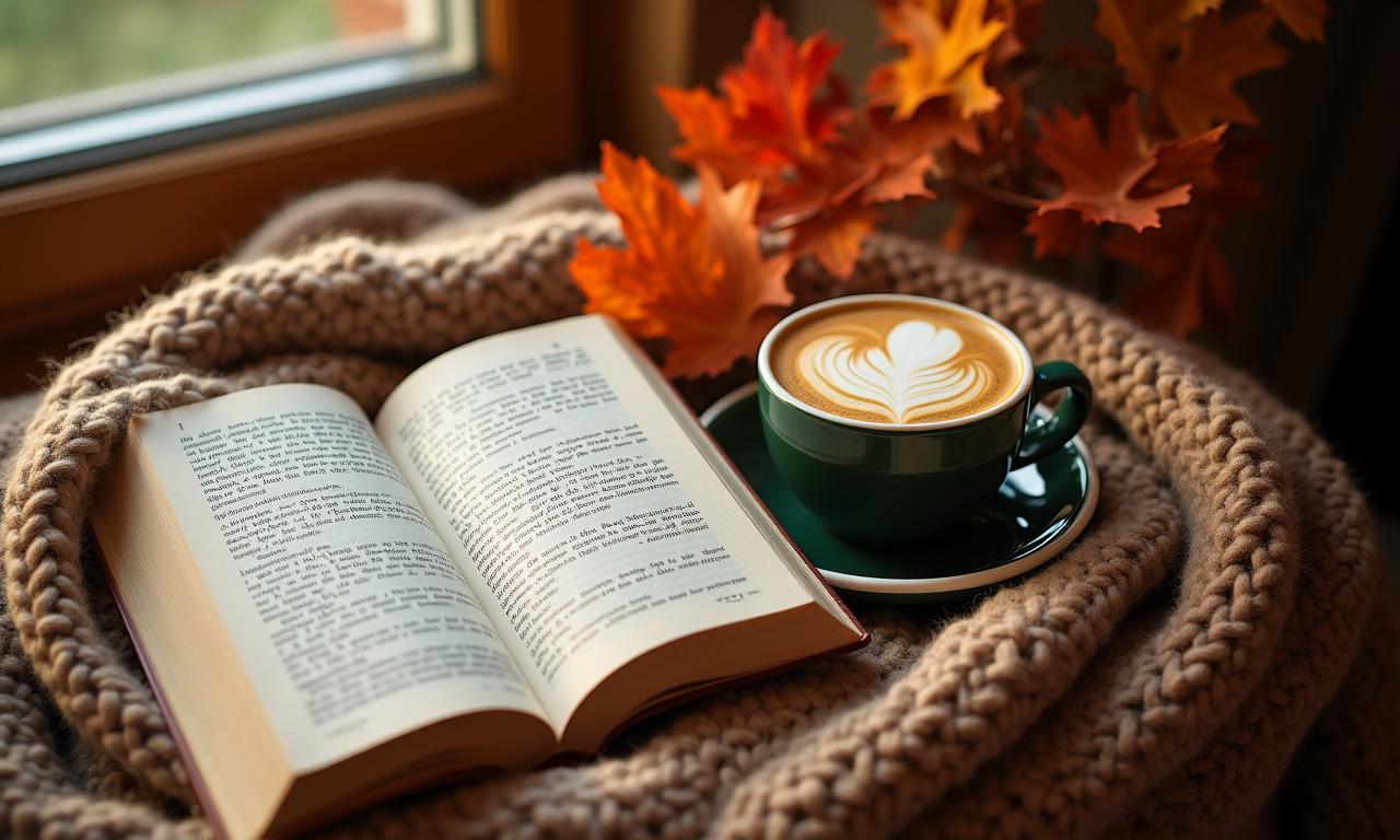 Un angolo lettura accogliente con un libro aperto e una tazza di caffè fumante su una coperta di lana