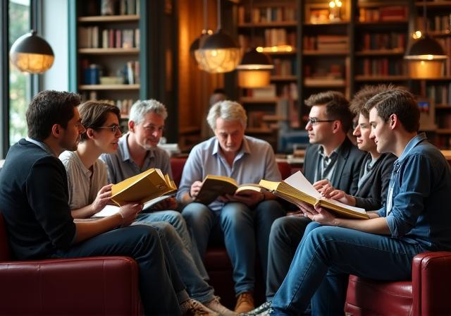 Persone che discutono di un libro sorseggiando caffè nel caffè Libriana